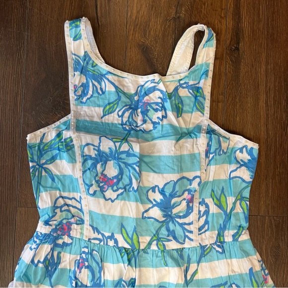 Lilly Pulitzer Sandrine Dress Shorely Blue Floral Striped Tossing The Line SZ 12 - Picture 2 of 6